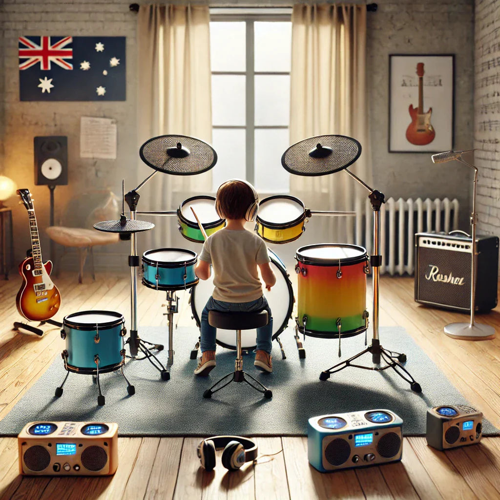 kids drum kits set up in a bright, modern Australian home