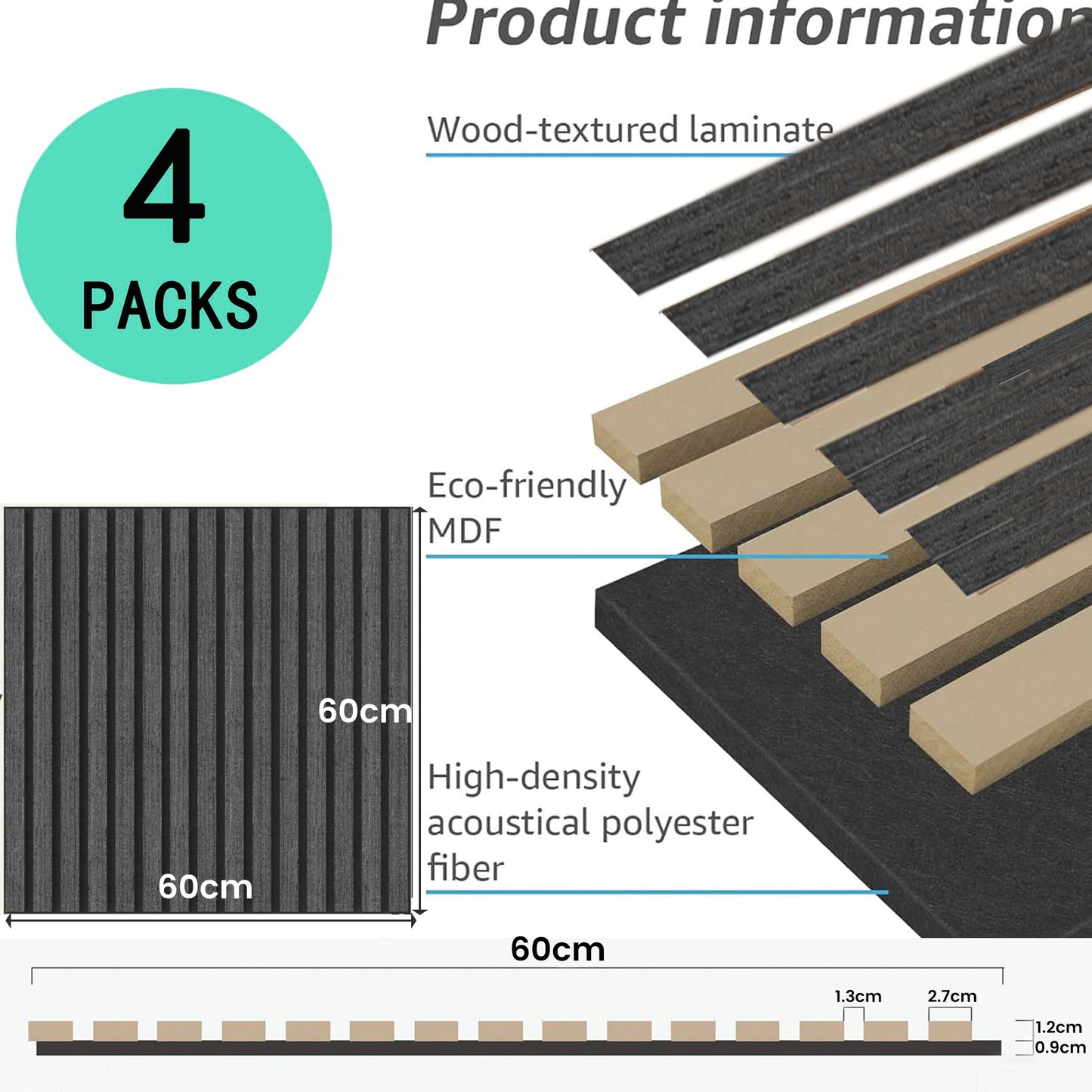 Black Acoustic Slat Wood Panels size 60x60cm