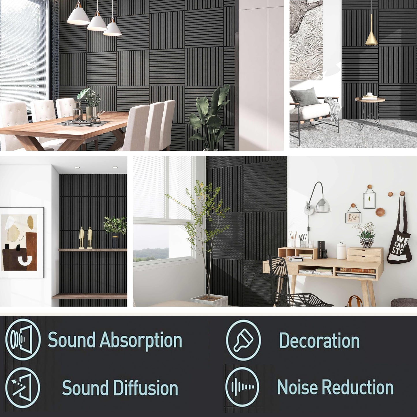 Black Acoustic Slat Wood Panels used in different places