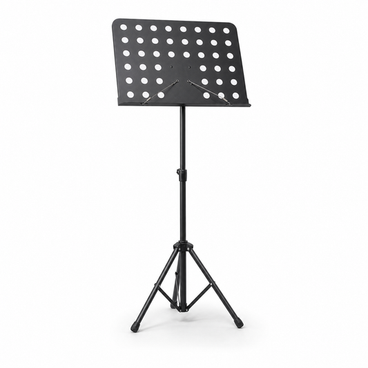 Tempo Gear heavy duty adjustable black music stand on white background