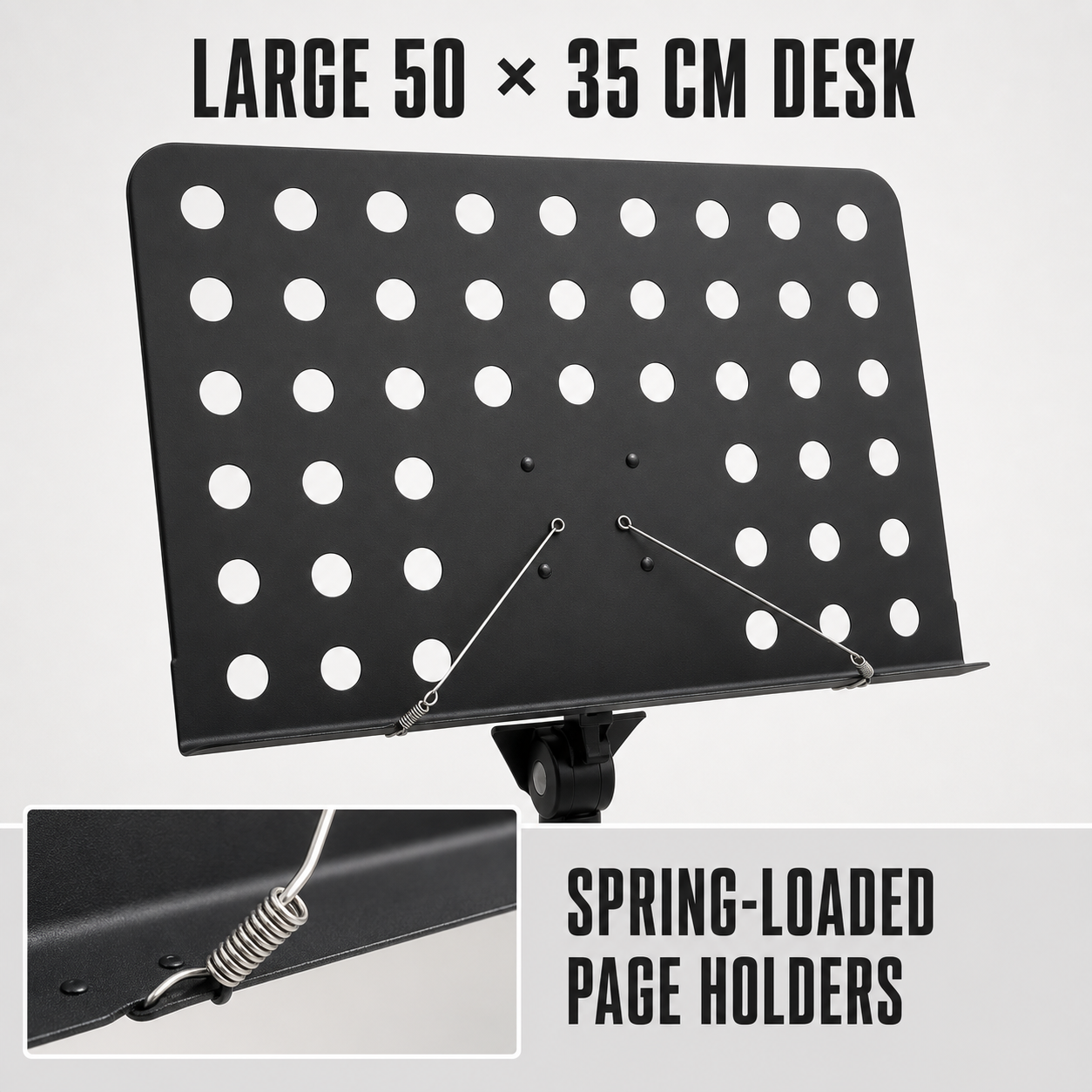 Large 50 by 35 cm music desk with spring-loaded page holders