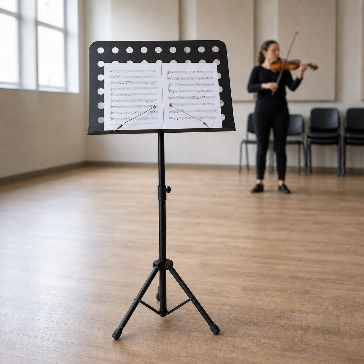 Tempo Gear music stand in a rehearsal studio with sheet music