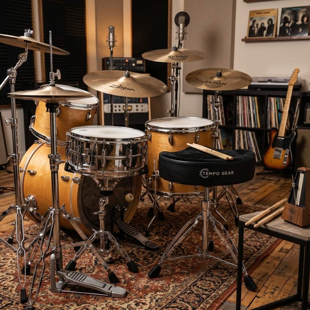 Drum set with Saddle Seat Drum Throne in a room